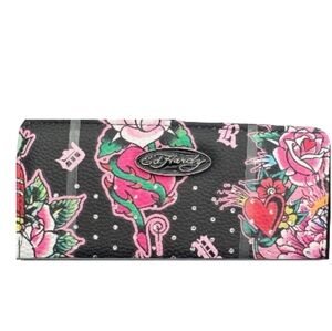 Ed Hardy Black/Pink Floral Wallet Wristlet Card Holder Skull Flowers Hearts New